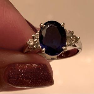 Simulated sapphire ring 14k white gold with diamonds